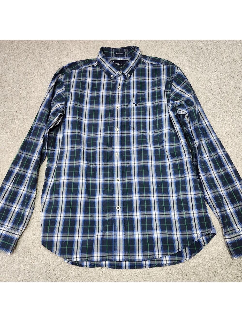 American Eagle Button Down Shirt Gray Blue White Plaid Long Sleeve Size Large - Picture 11 of 13